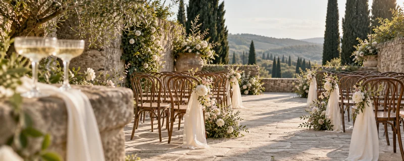 Rows of wooden chairs set for a garden ceremony among cypress trees