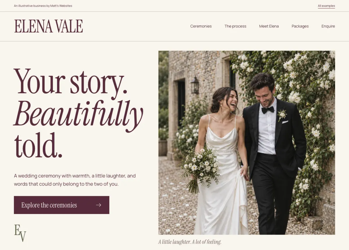 Homepage of the Elena Vale concept site, headed: Your story. Beautifully told.